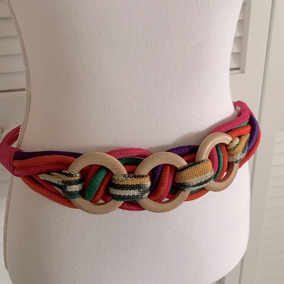 Prima Collezione Vintage Woven Fabric Wooden Rings Stretch Belt Multi-color Pink main image 4